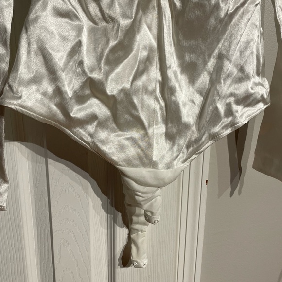 NWT Satin Bodysuit Long sleeve ruched draped fit bodice shiny wedding coquette - Picture 4 of 9